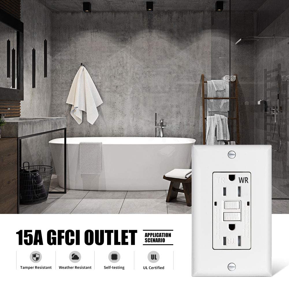 Receptáculo de salida GFCI de 15 amperios, resistente a la intemperie, autocomprobación, resistente a manipulaciones, dúplex, interruptor de