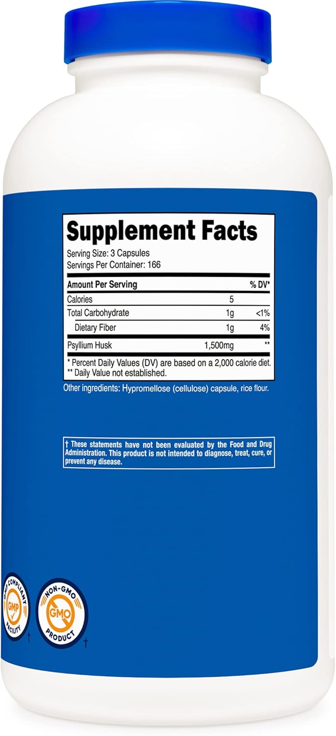 Nutricost Cáscara de psyllium 1500mg, 500 cápsulas (3 botellas)