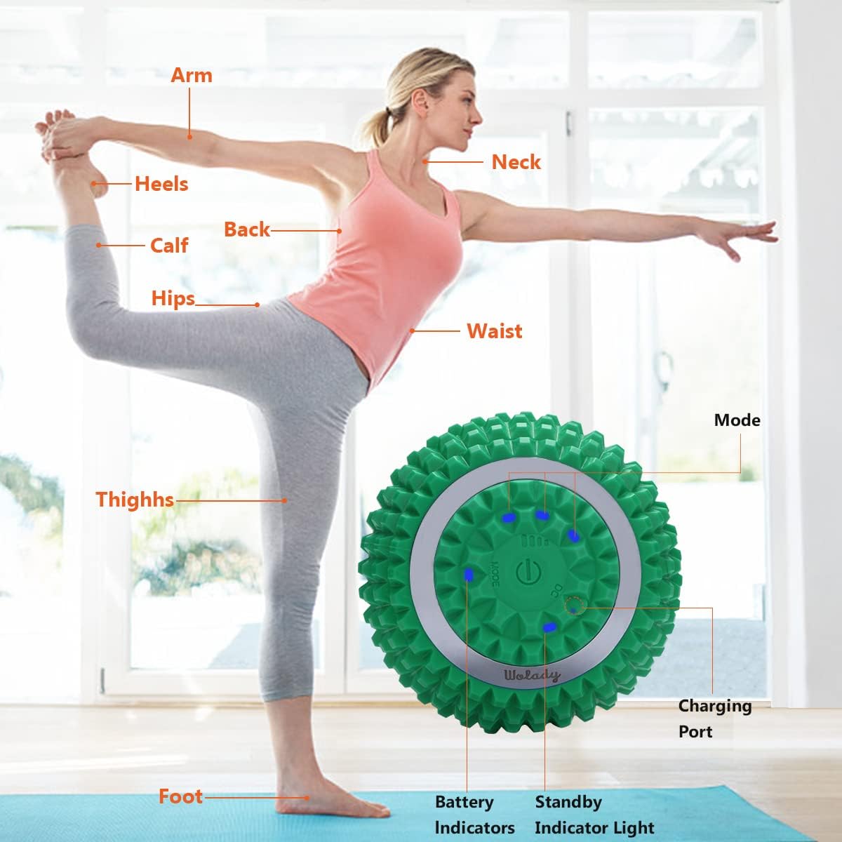 Wolady Bola de masaje vibratoria de 4 velocidades de alta intensidad, rodillo de masaje de yoga, alivio del dolor de tensión muscular y bolas de
