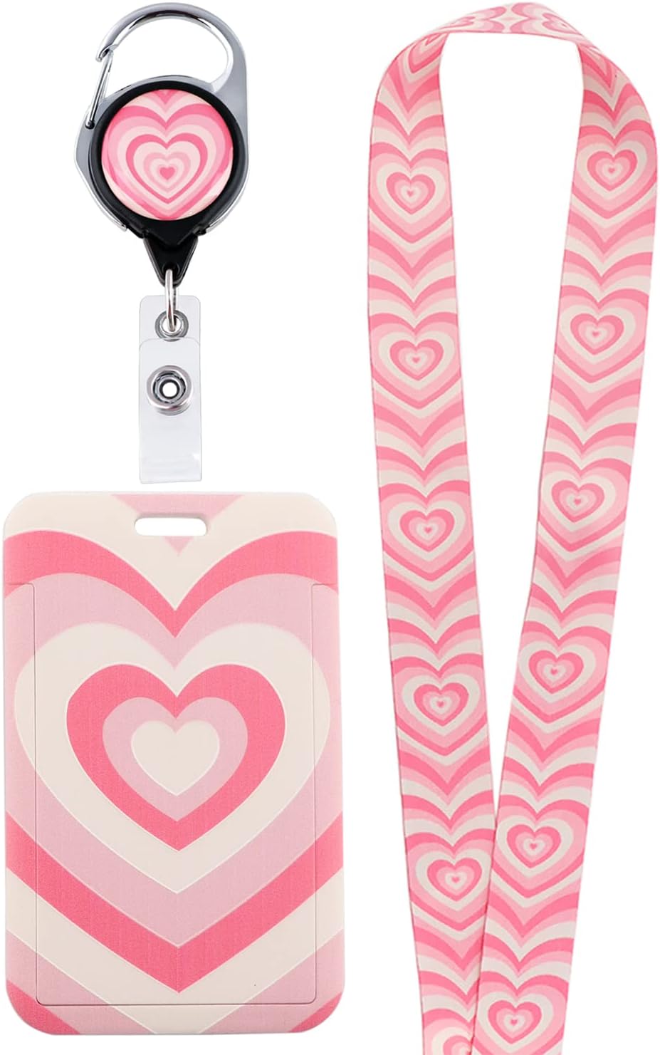 Soporte para tarjeta de identificación rosa con cordón, carrete retráctil con clip para cinturón, protector de manga de identificación vertical para
