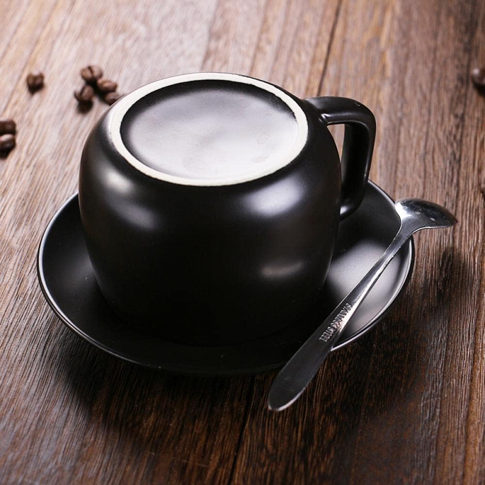 Sizikato Juego clásico de taza y platillo de porcelana negra mate, taza de té de 8 onzas con cuchara