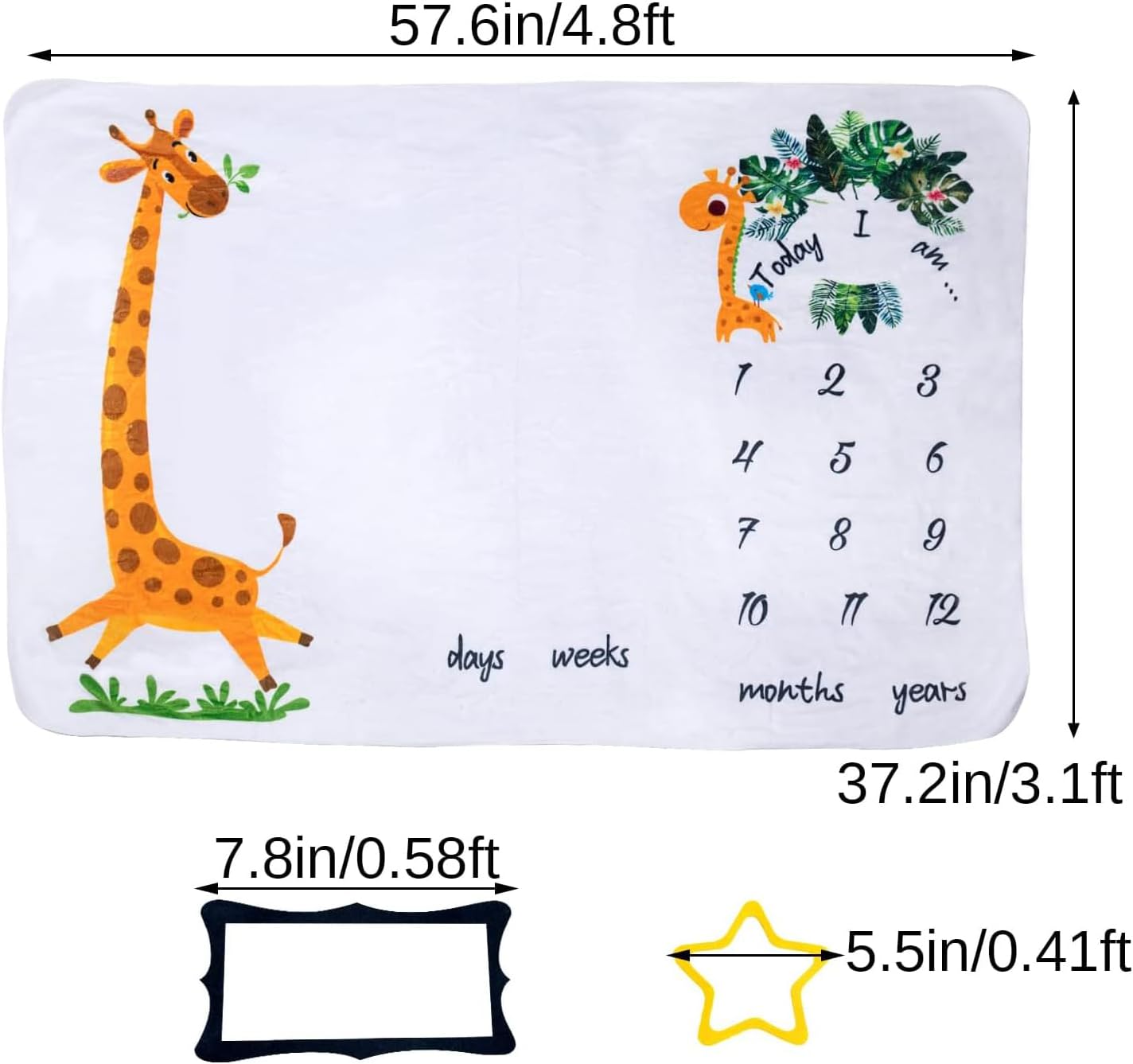 Manta de hitos para recién nacidos, manta de jirafas de 60 x 40 pulgadas, para regalos de baby shower, calendario de primer año, tabla de crecimiento
