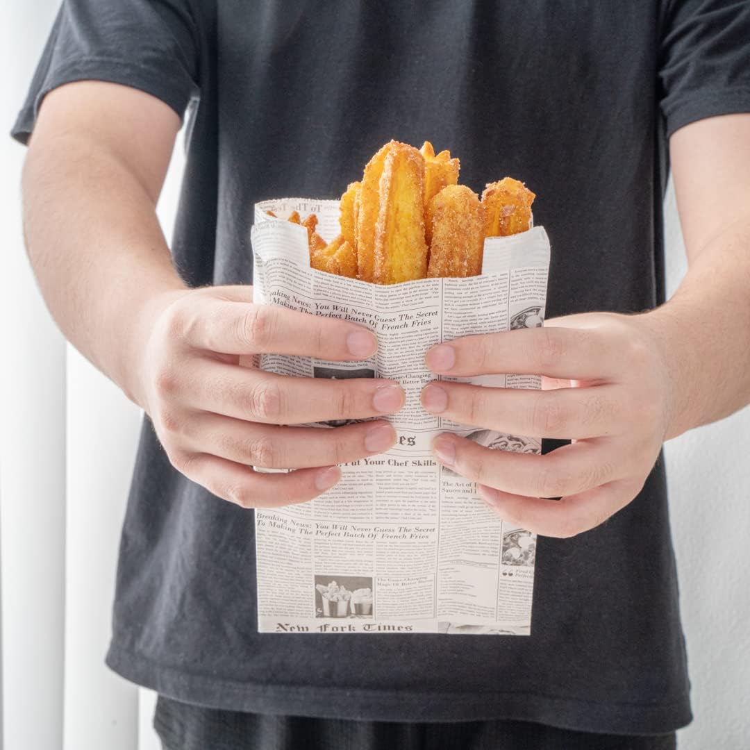 Restaurantware Bag Tek Newsprint Paper French FrySnack Bag – 5″ x 3″ x 8 34″ – Caja de 100 unidades