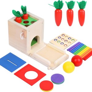 Wooden Montessori Toys Toddlers Play Kit, 4-in-1 Object Permanence Box, Coin Box, Carrot Harvest, Color Match Sticks Drop Game, Educational Learning Wooden Montessori Toys Toddlers Play Kit, 4-in-1 Object Permanence Box, Coin Box, Carrot Harvest, Color Match Sticks Drop Game, Educational Learning