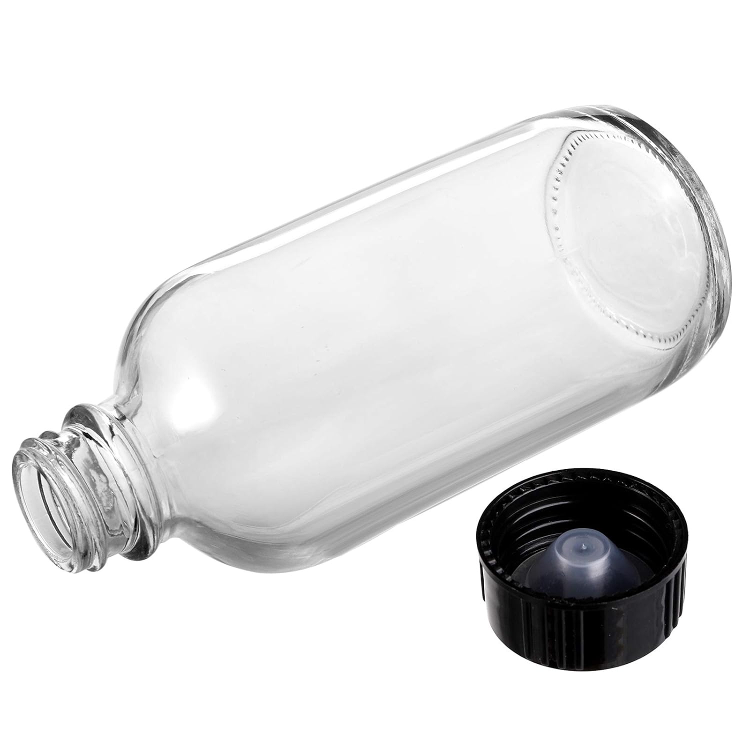 Bekith Paquete de 24 botellas redondas Boston transparentes con tapa de cono de polietileno negro, botellas de vidrio transparente de 4 onzas,