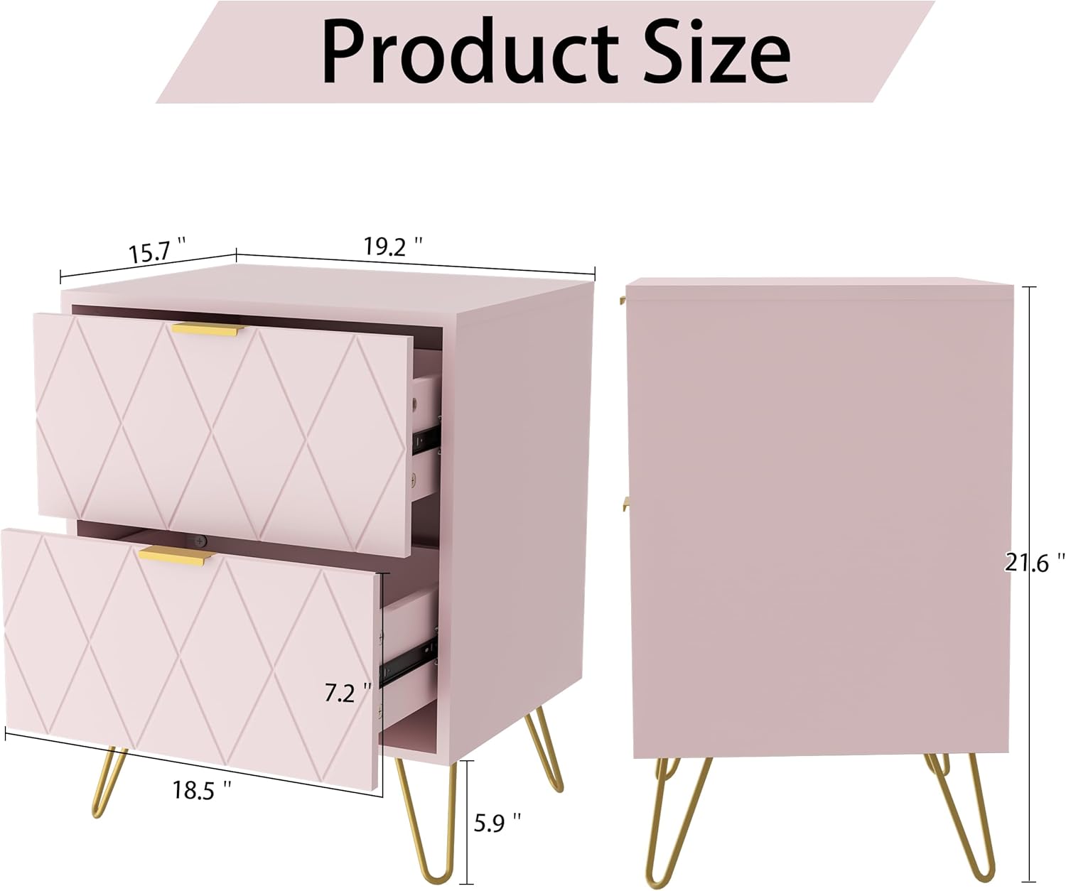 Anbuy – Juego de 2 mesitas de noche grandes, color rosa, mesa auxiliar doble, mesita de noche con 2 cajones, doble mesita de noche con patas doradas