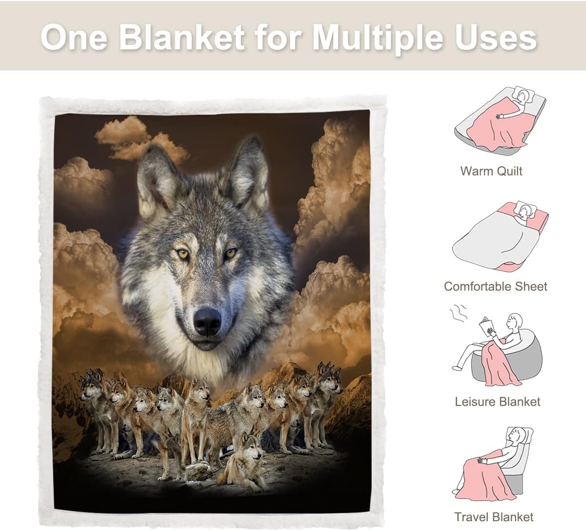 Sleepwish Manta de vellón de lobo indio, manta sherpa de felpa de lobo nativo americano, acogedora y cálida manta de felpa para cama, sofá, silla,