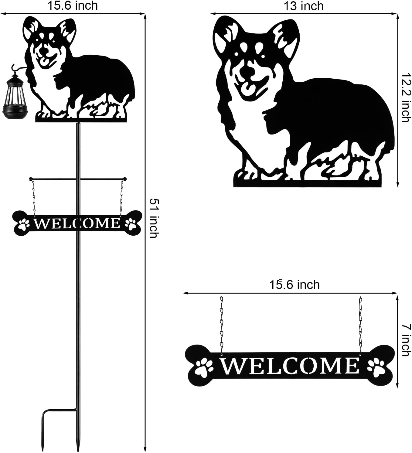 Letrero de bienvenida de perro con silueta solar de 51 pulgadas con linterna, decoración de Corgi para exteriores, para jardín, patio, césped,