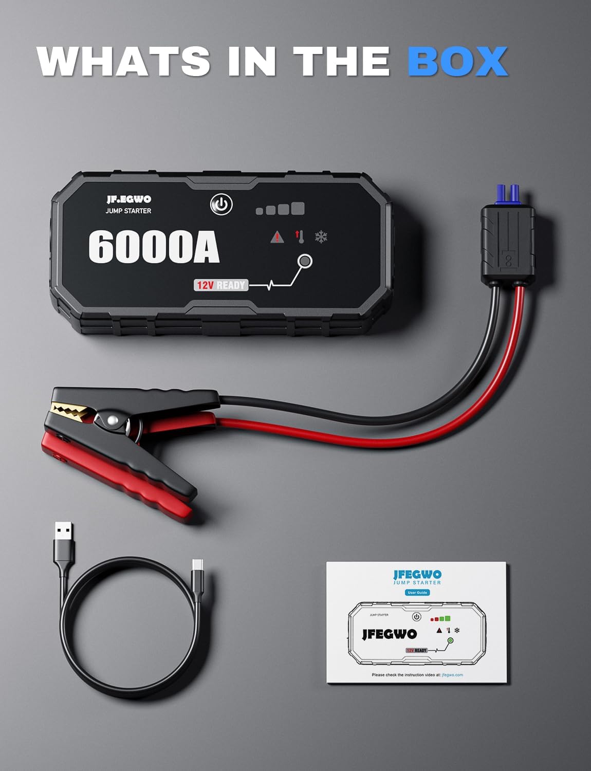 JF.EGWO Paquete de batería de arranque de 6000 A (para 13.0+L de gas o hasta 13.0+L de diesel), batería de coche potable de 12 V potable resistente,