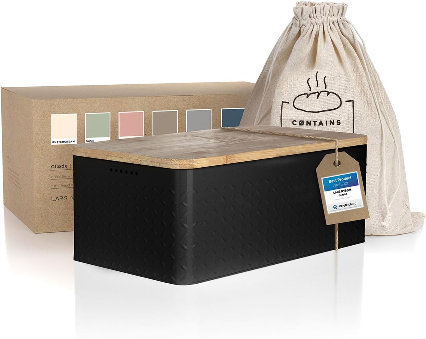 LARS NYSØM Panera I Caja de pan de metal con bolsa de pan de lino para una frescura duradera I Caja de pan con tapa de bambú utilizable como tabla