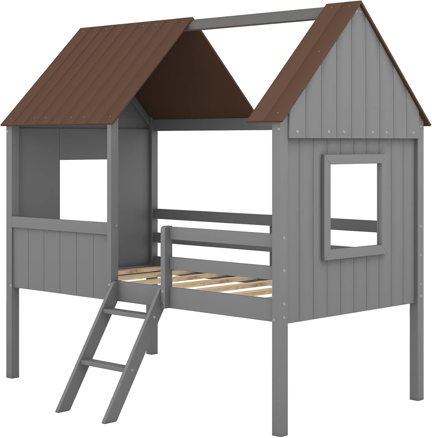 Cama individual para niños, marco de cama baja de madera con ventanas y techo, fácil montaje, para niñas y niños (gris + marrón)