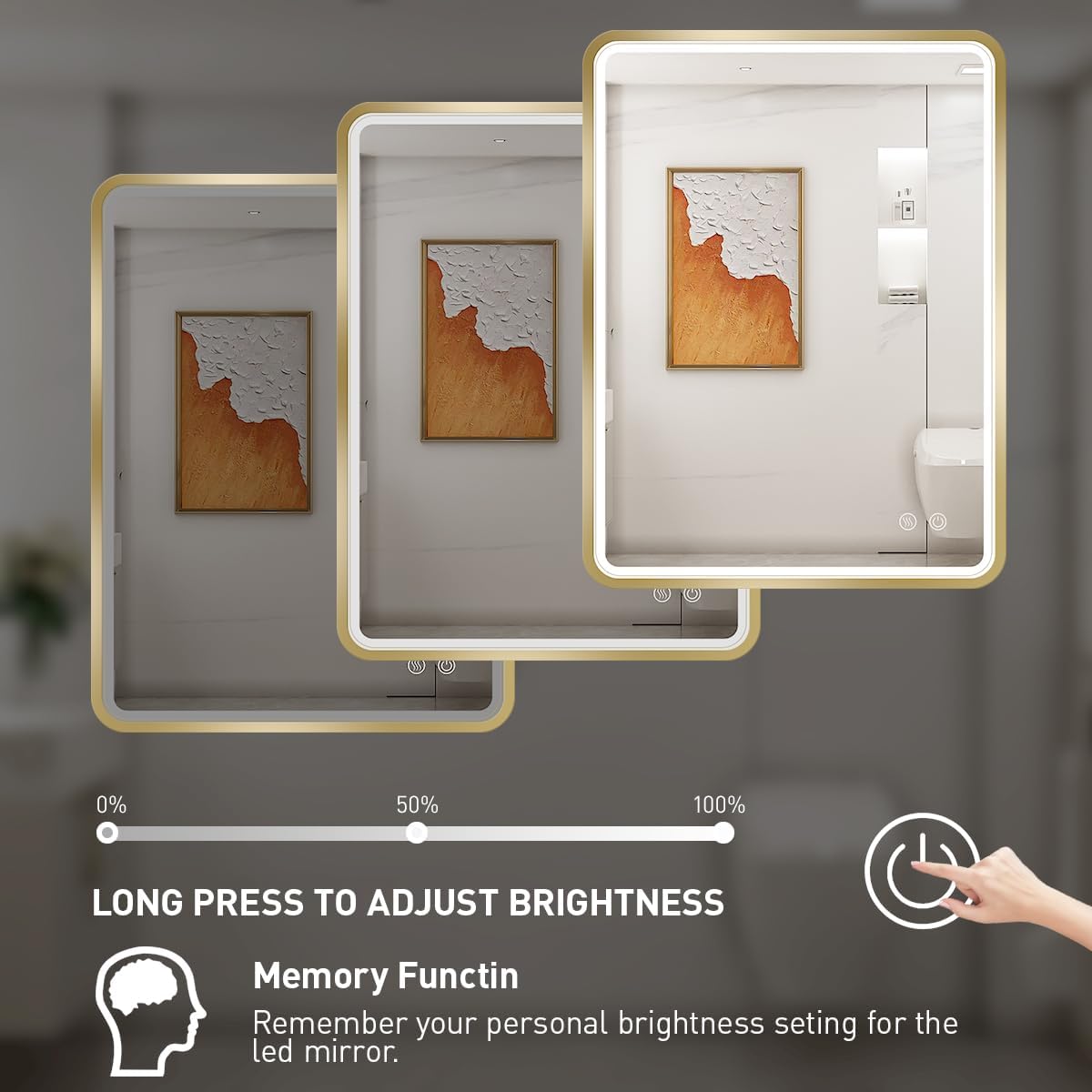 Espejo de baño LED de 28 x 36 pulgadas con luces, espejos de tocador iluminados para montar en la pared con marco de metal dorado que no se oxida,