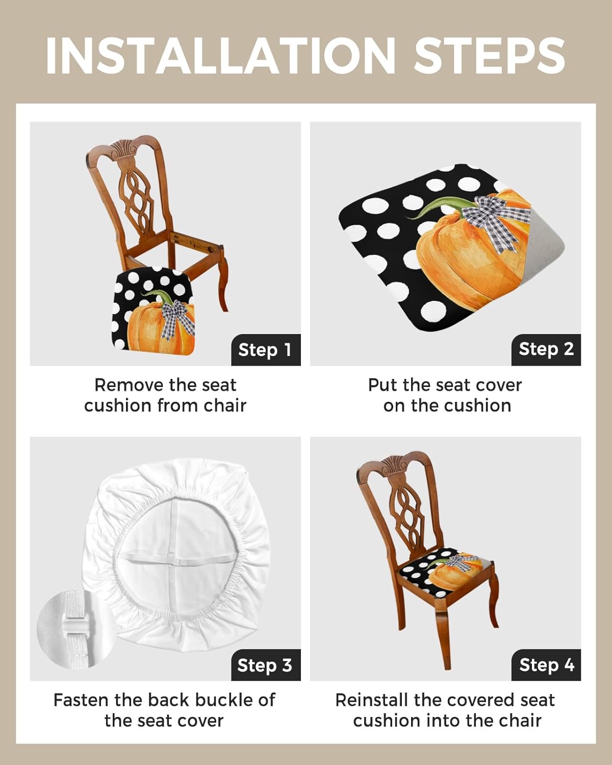 Juego de 6 fundas de asiento para silla de otoño, color naranja, diseño de calabaza para sillas de comedor, con lunares blancos, tapizadas,