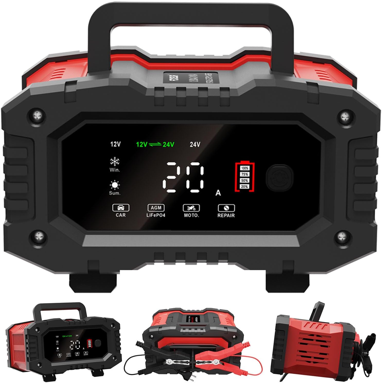 Cargador de batería de coche de 20 amperios, LiFePO4 de 12V20A y 24V10A, plomo ácido (AGMGelSLA), cargador inteligente automático de goteo