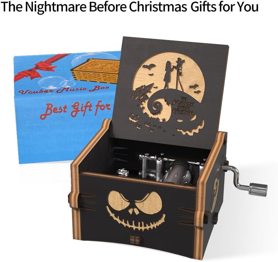 Ucuber Caja de música The Nightmare Before Christmas  Mini caja de música de madera grabada, melodía This is Halloween, decoración del hogar para