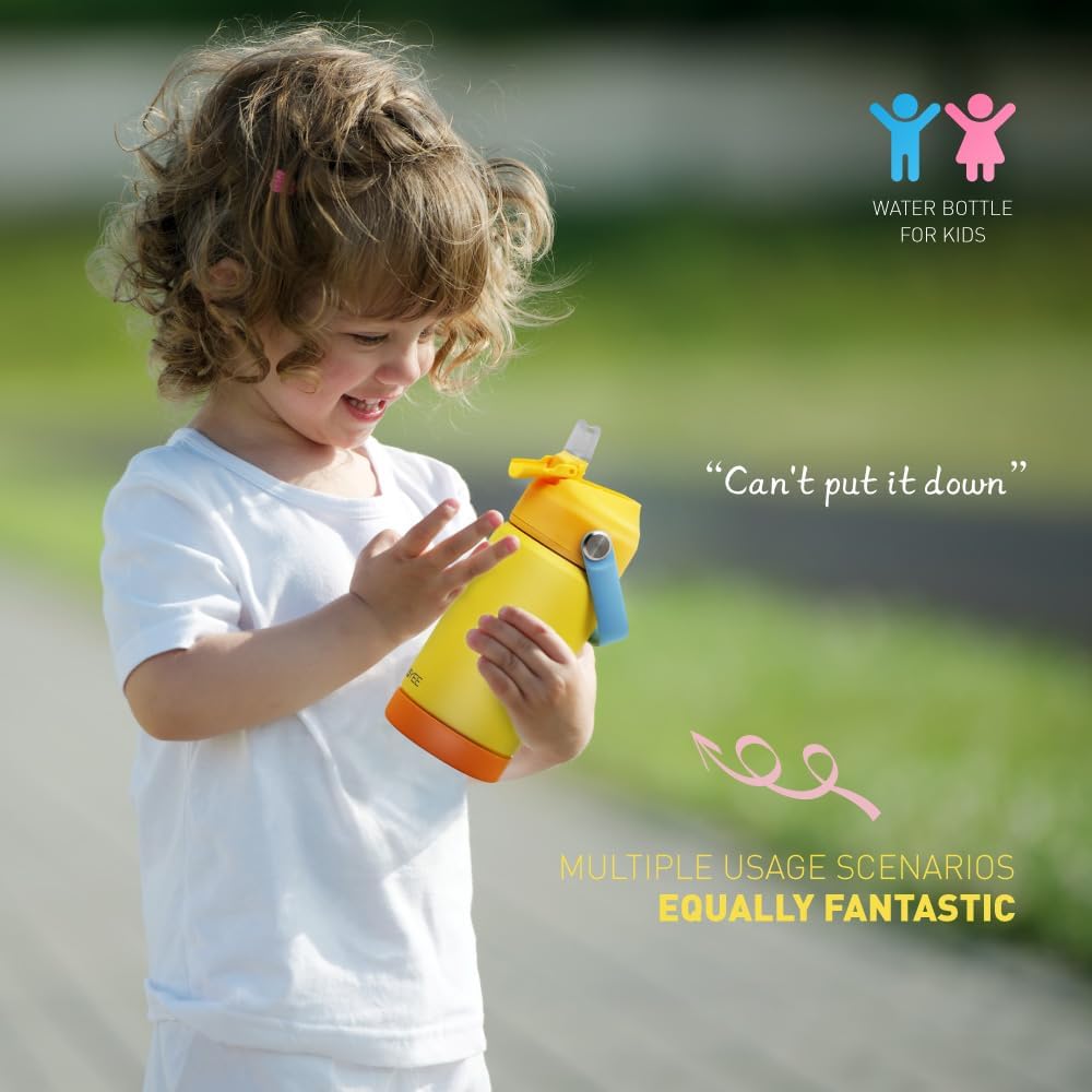 Botella de agua aislada de acero inoxidable de 12 onzas para niños, tapa abatible de silicona de grado alimenticio, asa de transporte, base