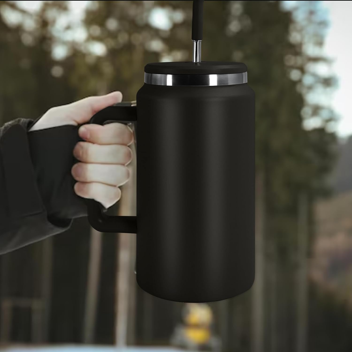 AGH Vaso de 50 onzas con asa, taza aislada de acero inoxidable de doble pared sellada al vacío con tapa y popote, mantiene el agua fría 36 horas,