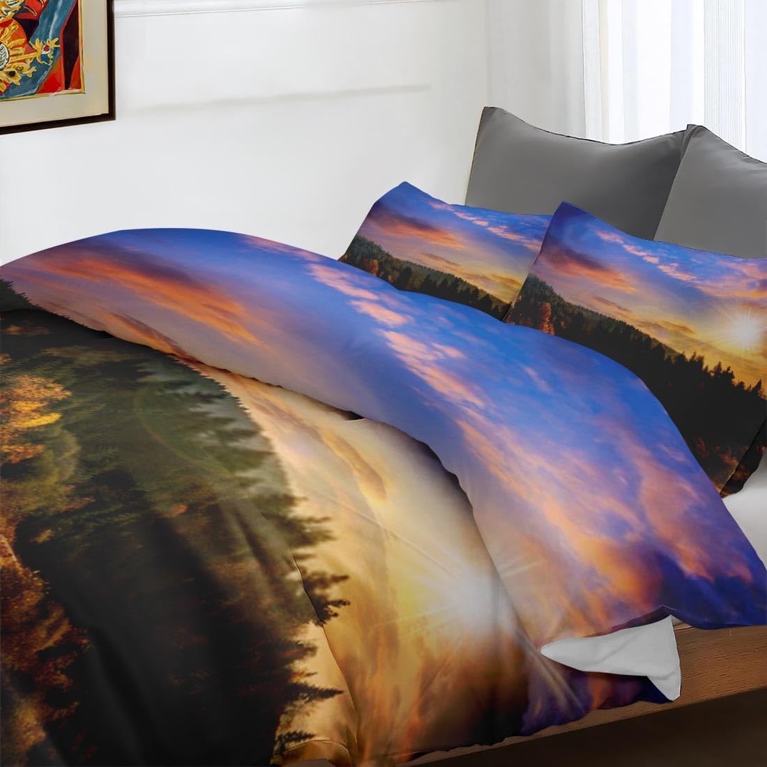 Juego de funda de edredón, juego de ropa de cama verde montaña otoñal para decoración de dormitorio de niños y adultos, juego de funda de edredón de