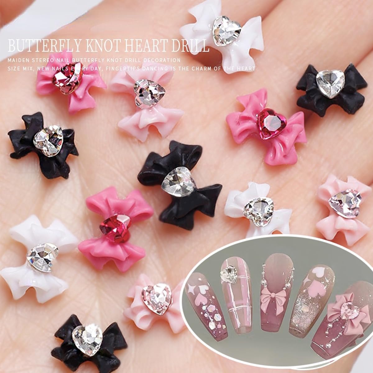 40 piezas de cinta de resina con lazo para uñas, estilo mixto, piezas de joyería de diamantes de imitación 3D, accesorios de decoración de uñas,