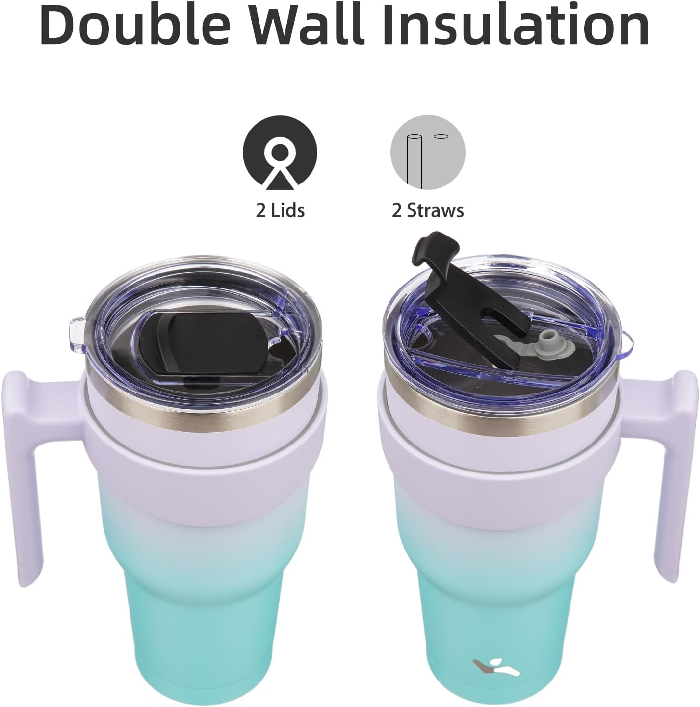 Vaso de 40 onzas con asa y 2 pajillas, 2 tapas, botella de agua aislada de acero inoxidable al vacío, taza reutilizable para viaje, Oasis