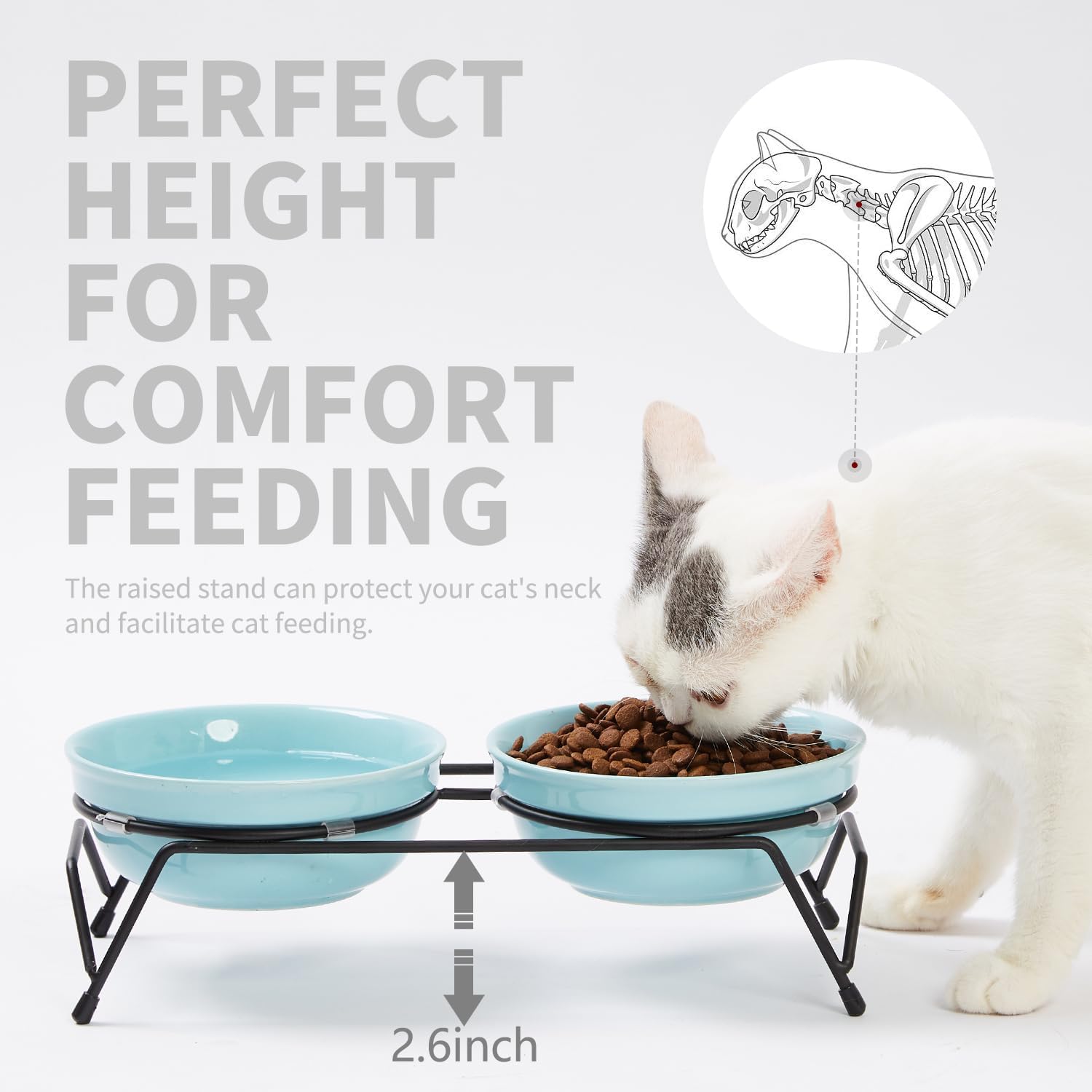 FOREYY – Cuencos elevados para gatos con 2 cuencos de cerámica y 2 platos, cuenco elevado para comida para gatos con soporte de metal, platos de