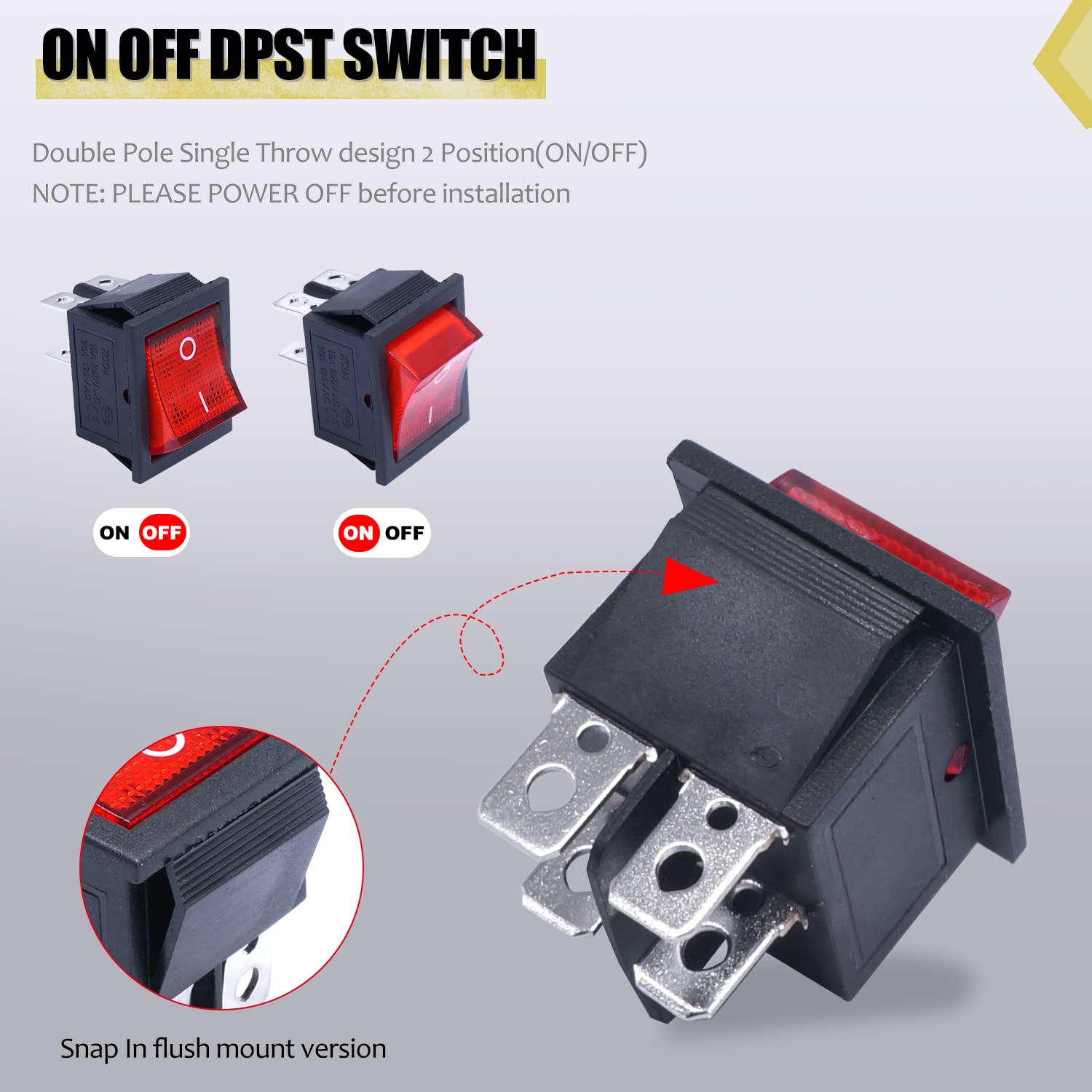 Twidec Interruptor basculante AC 10A125V 6A250V DPST 4 pines 2 posiciones ONOFF luz LED roja iluminada barco KCD4 interruptor basculante palanca