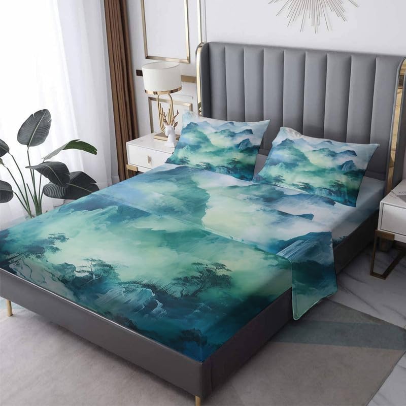 Juego de sábanas de tamaño King  Sábanas de cama de montaña brumosa, sábanas y fundas de almohada, microfibra suave, bolsillo profundo y sin