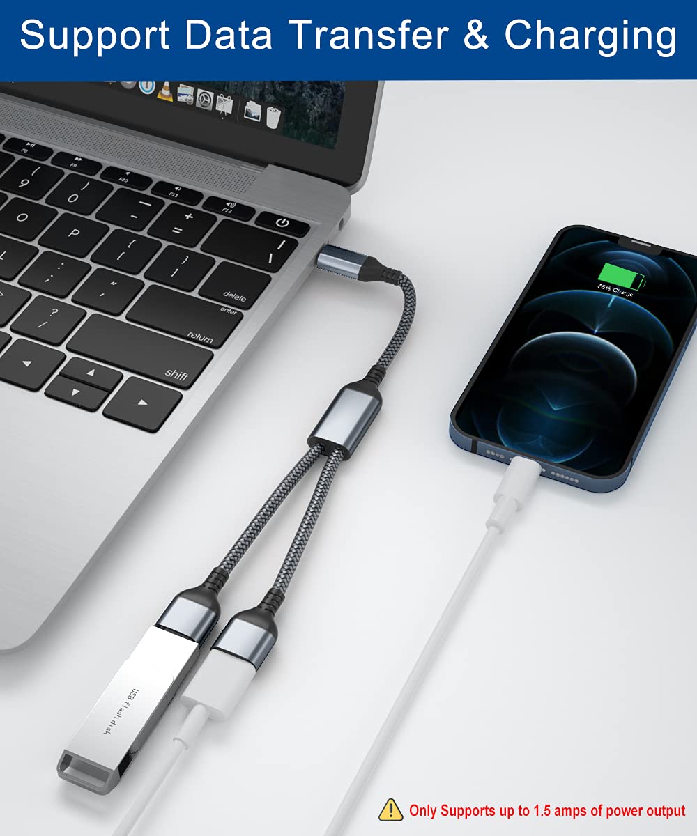 Cable divisor USB-C OTG Y de 3.3 ft, adaptador tipo C a USB 2.0 dual, C macho a doble hembra convertidor dividido 2 en 1 cable para MacBook, iPad 10