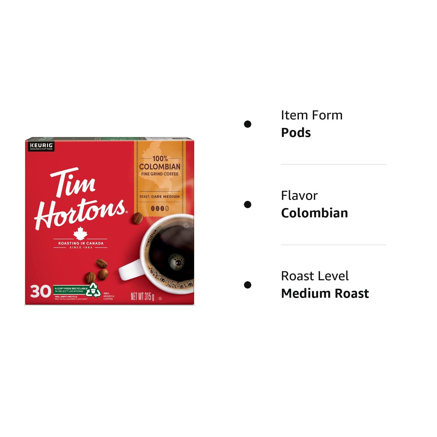Tim Hortons Café colombiano, cápsulas Keurig K-Cup de una sola porción, tostado medio oscuro, 30 unidades Importado de Canadá