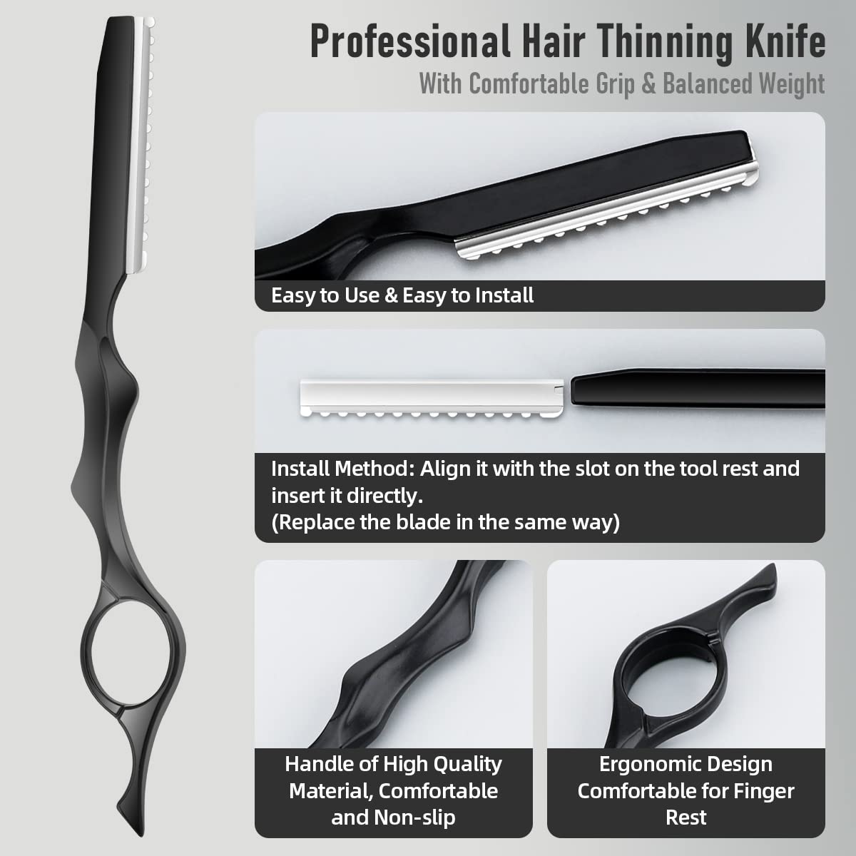 Cuchillo para adelgazar el cabello, afeitadora de peluquería y peluquería con 10 cuchillas de acero inoxidable de repuesto para uso en el hogar y