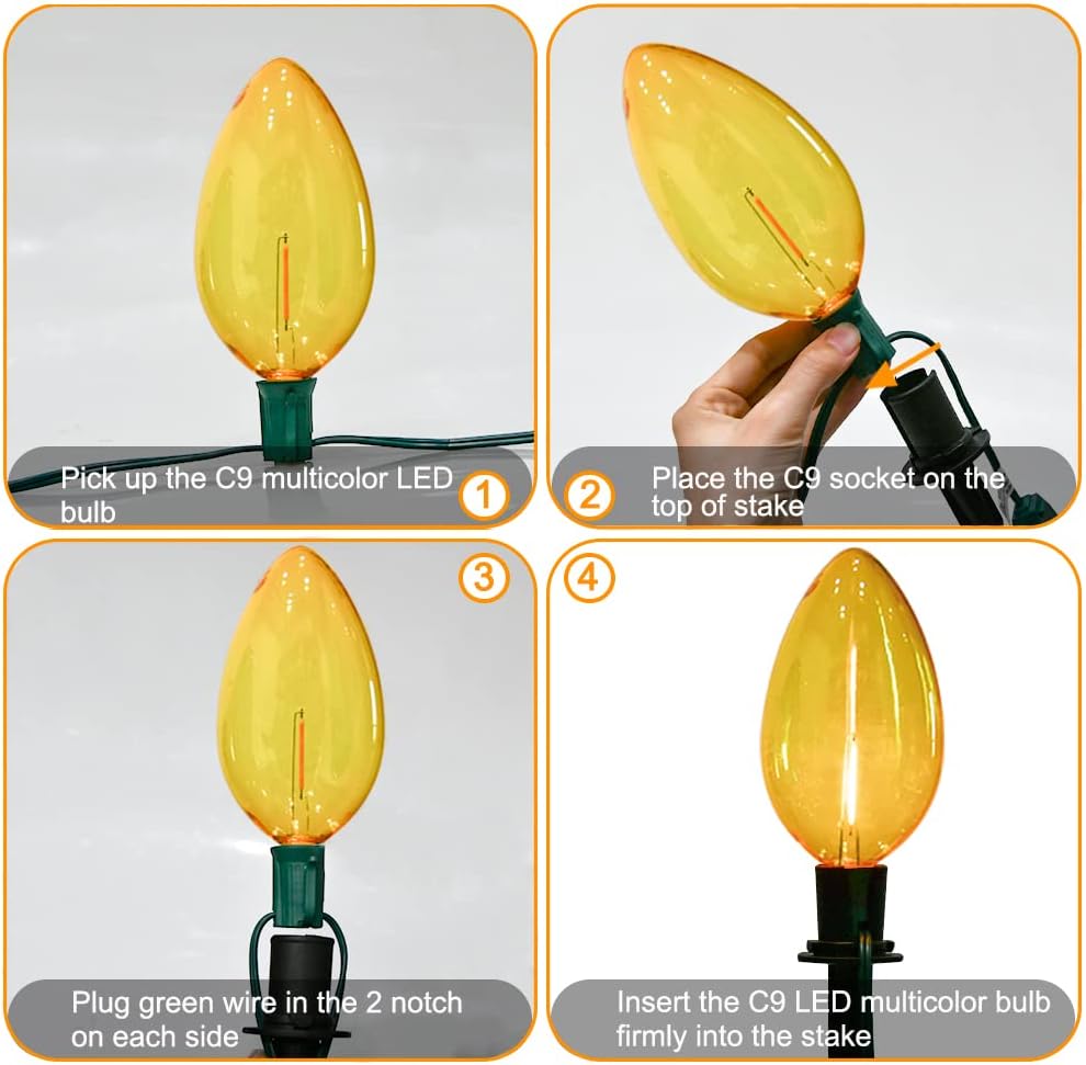Luces de camino multicolor C9, 2 juegos de luces de 7 pies para exteriores con 8 bombillas LED multicolor C9 gigantes, luces de pasillo de Navidad