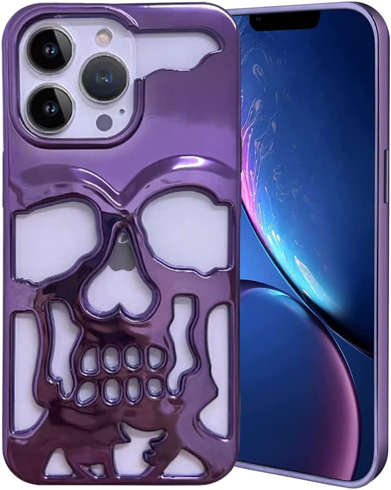 Funda de teléfono con diseño de calavera chapada en lujo, para iPhone 11, funda de metal hueca y suave, cubierta de teléfono con talla de