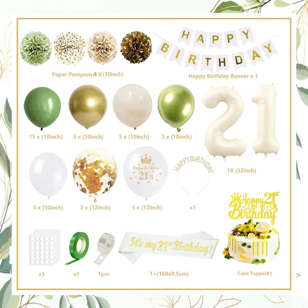 Decoraciones de cumpleaños 21 verde salvia para ella, juego de decoraciones de cumpleaños 21 verde oliva y dorado, pancarta de feliz cumpleaños,