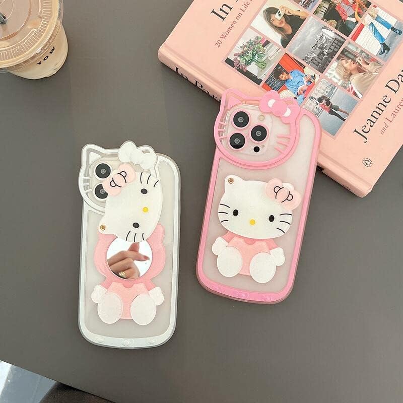 Olntun for iPhone 11 Cute Cartoon Cat Case,3D Bow Kawaii Pink Cartoon Cat Face Makeup Mirror Women Girls Kids Soft TPU Clear Protective Phone Cover