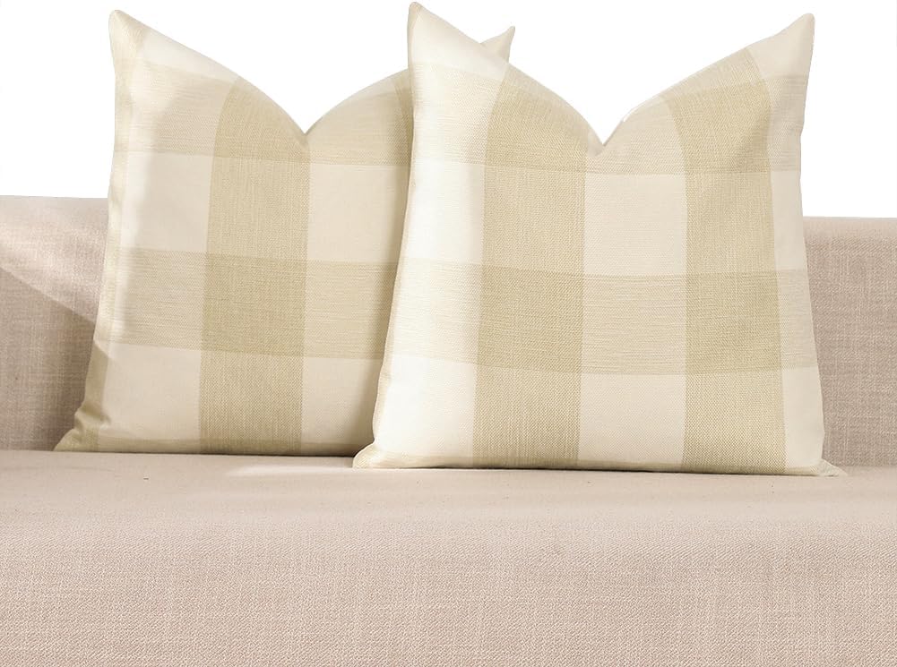 Juego de 2 fundas de almohada para exteriores, color beige y blanco crema de 20 x 20 pulgadas, fundas de almohada a cuadros de búfalo de 20 x 20