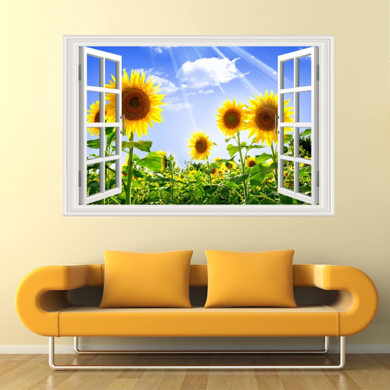 Pintura autoadhesiva 3D, calcomanías de pared falsas para ventana, isla tropical con palmeras, mural de pared, vista de ventana, decoración de pared