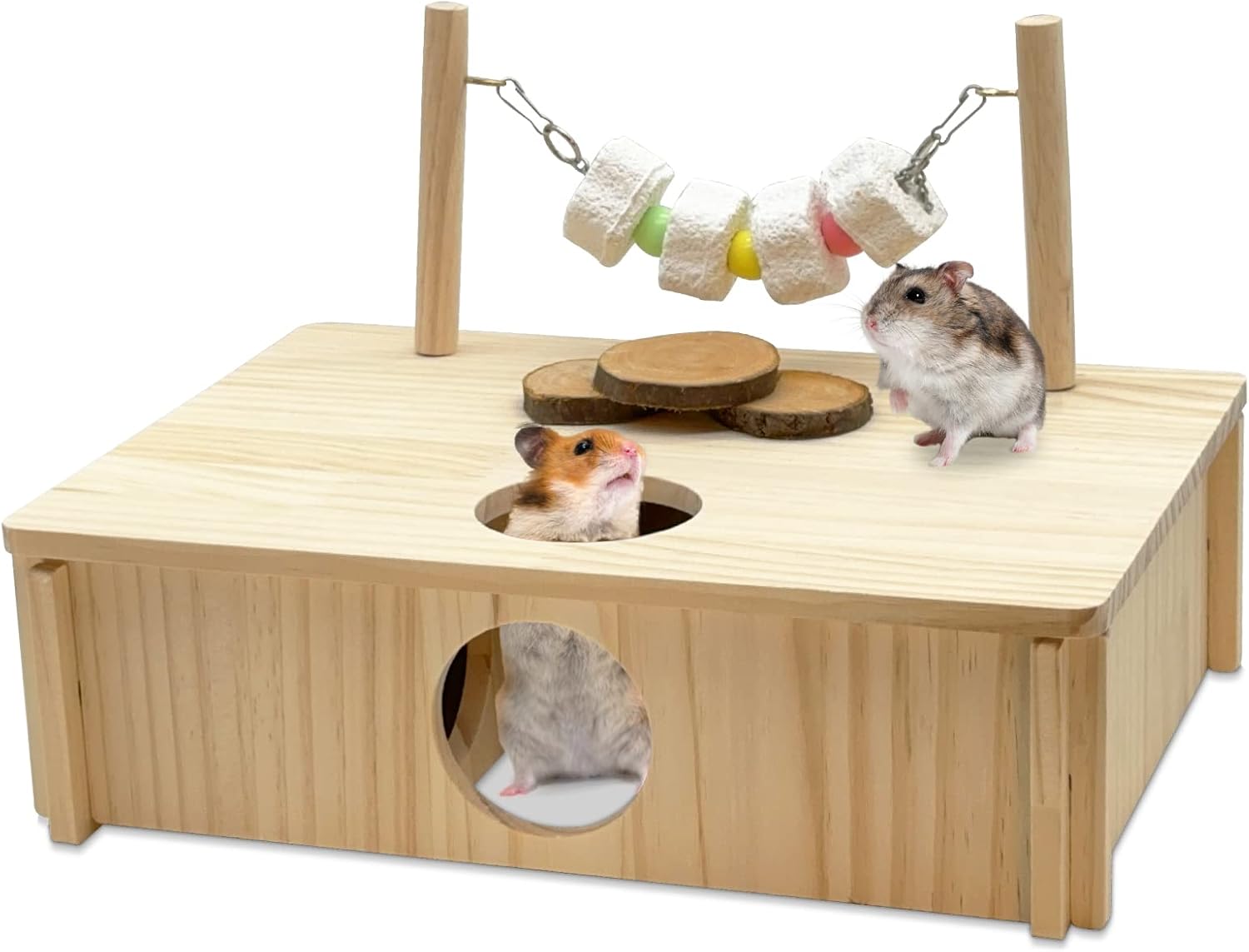 kathson Escondites de varias cámaras para hámster, túneles de laberinto de casa de madera, juguete de exploración, actividad de animales pequeños,