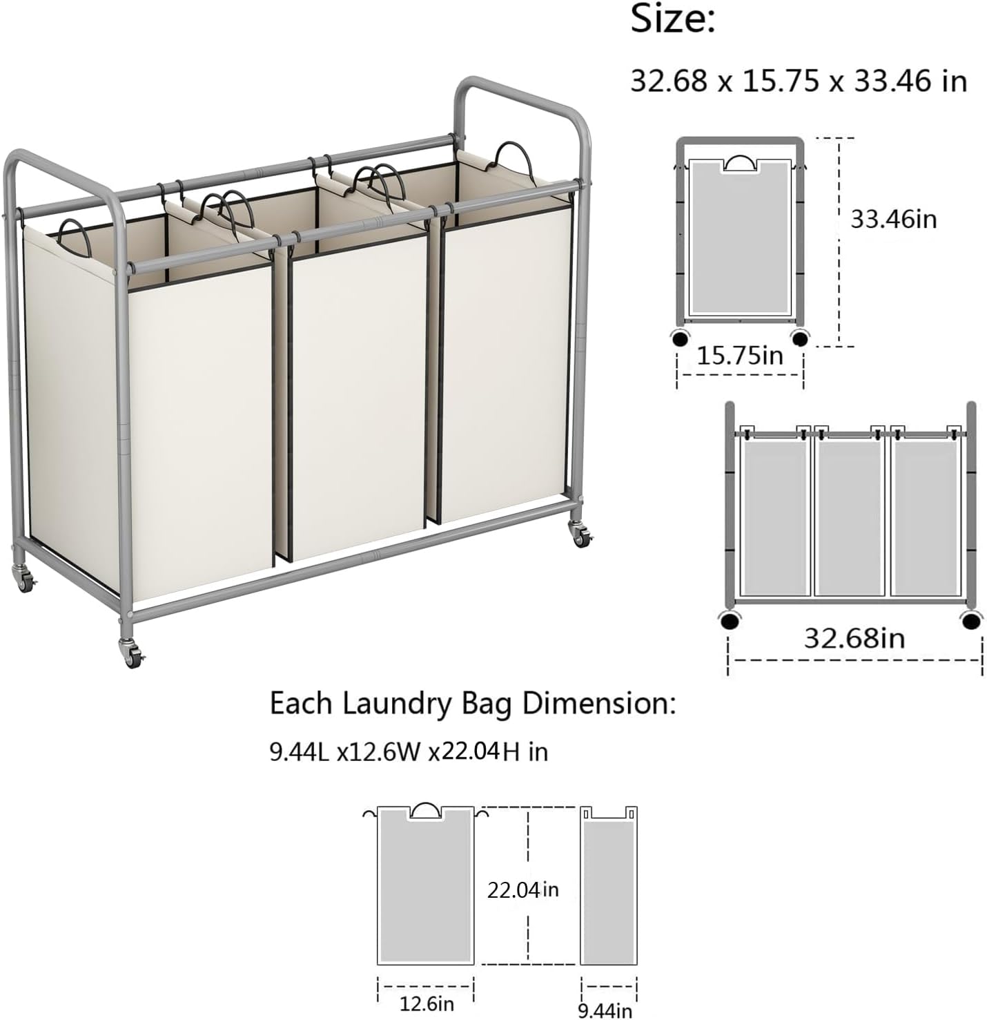 LINZINAR Clasificador de ropa sucia de 3 bolsas, carrito de lavandería con ruedas enrollables resistentes y bolsas extraíbles (beige)