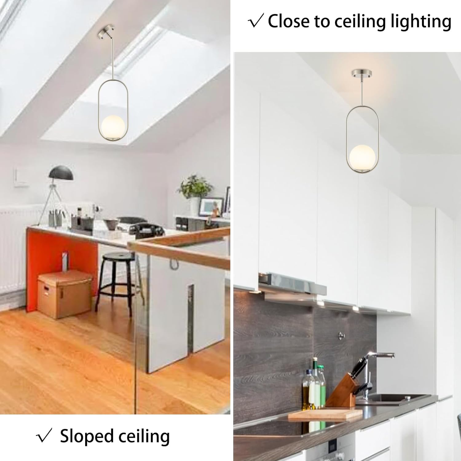 BYOLIIMA Lámpara colgante moderna con forma de globo de níquel cepillado, 1 luz de mediados de siglo, lámpara colgante de techo con globo blanco,