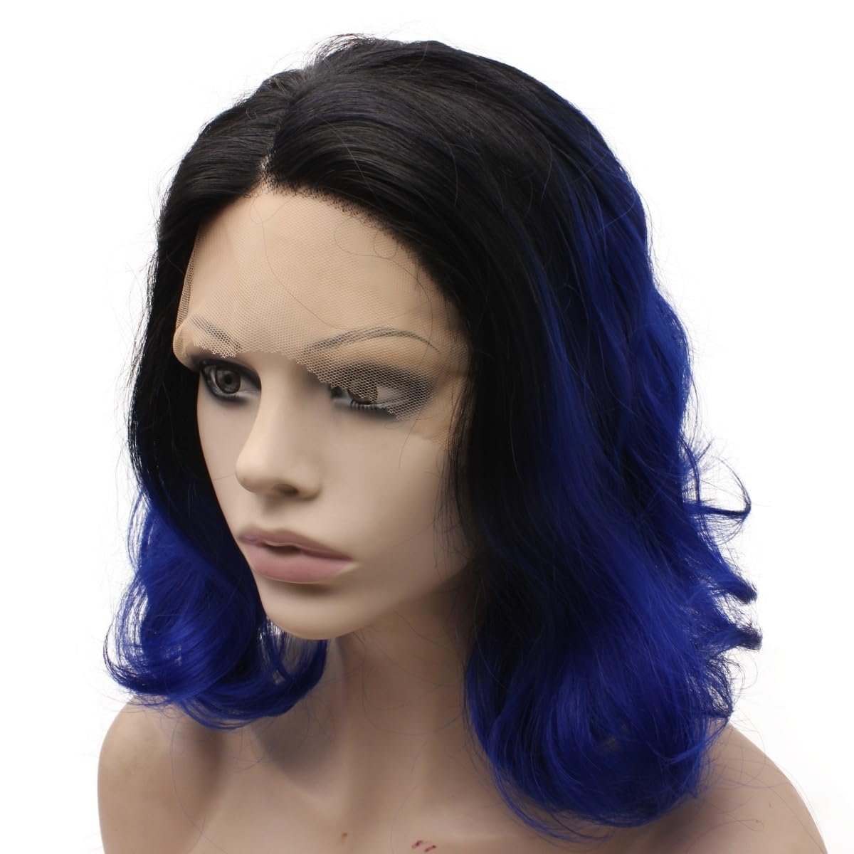 Mxangel – Peluca de cabello sintético corto rizado con raíces negras, encaje frontal, color azul joya ombré, pelo de fibra resistente al calor