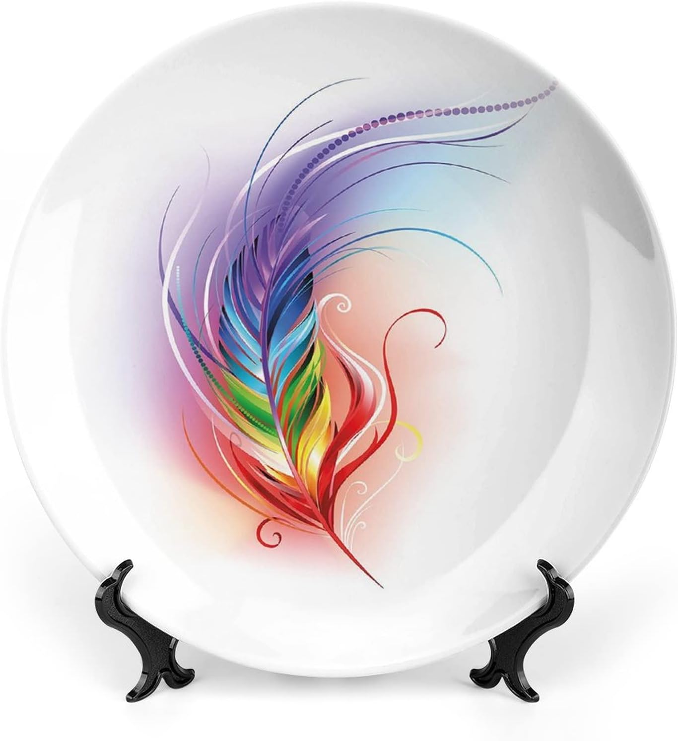 XISUNYA Plato decorativo de 6 pulgadas, plato de cerámica arcoíris, pluma de arco iris dibujada en arte impreso, placa de exhibición para cenas