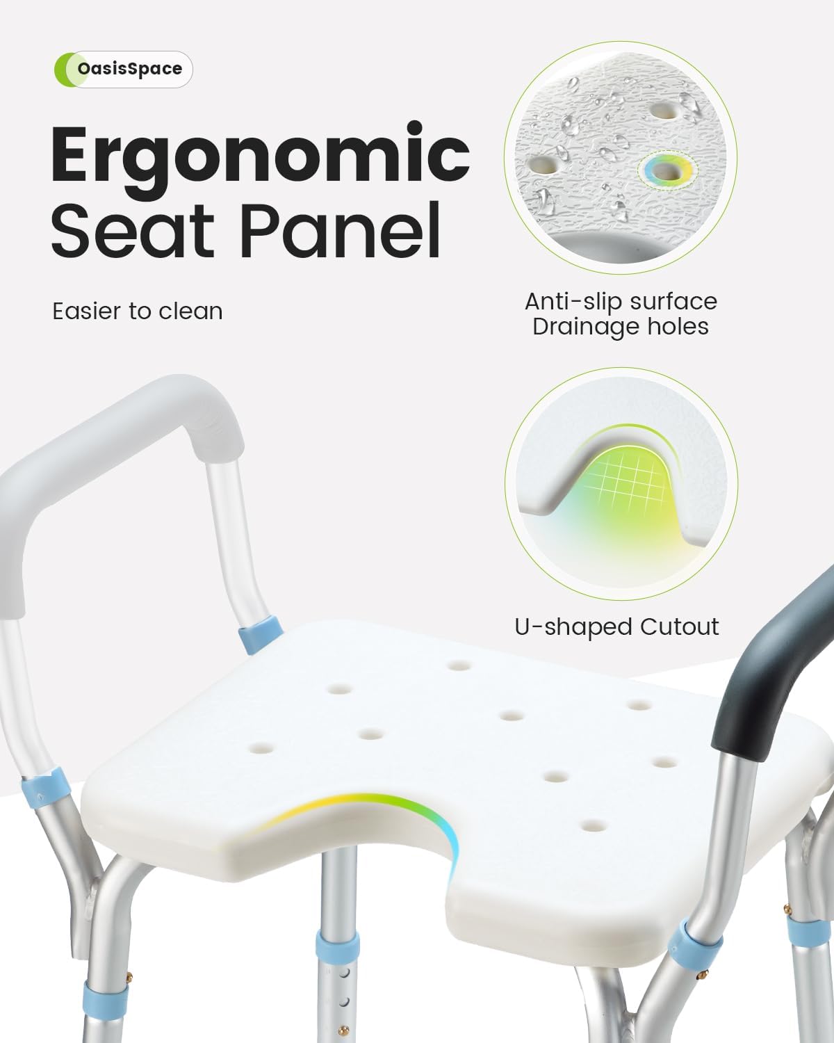 OasisSpace Silla de ducha ajustable con brazos para ducha interior, banco de ducha resistente con asiento recortado de 300 libras, taburete de