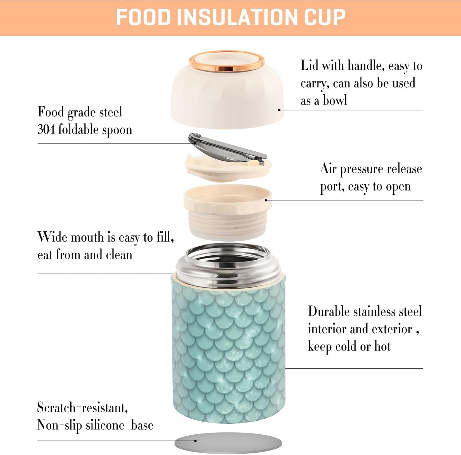 Shiny Mermaid Scales Green Kids Womens Lunch Insulated Jar with Spoon 17oz500ml Containers For Hot Food Stainless Steel Vacuum Vacuum Insulated