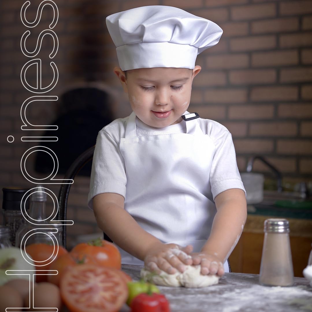4 piezas de sombrero y delantal de chef para niños, delantales de cocina para niños incluyen 3 delantales blancos y 1 negro con sus sombreros,