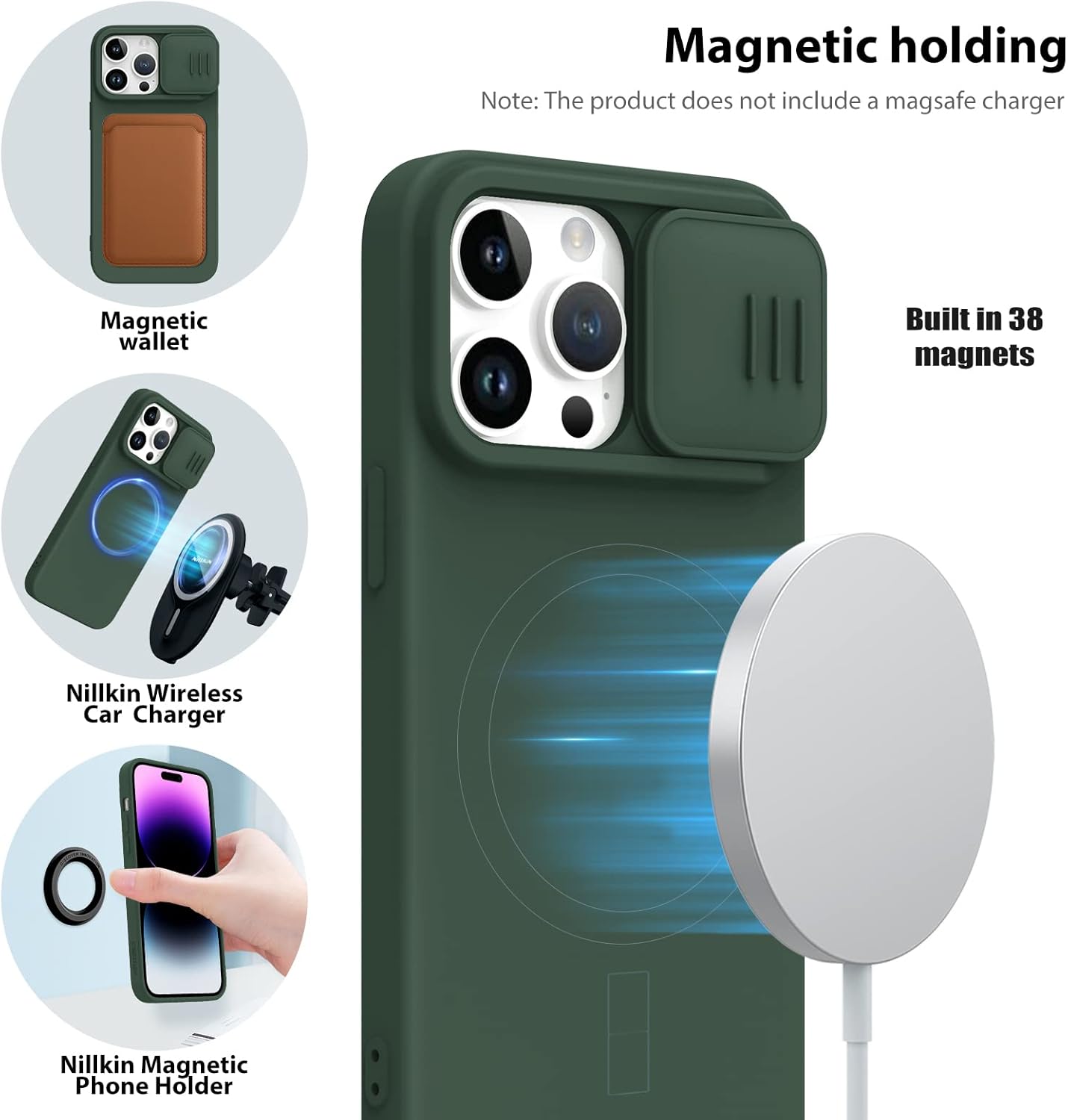Nillkin Funda magnética para iPhone 14 Pro, compatible con Magesafe, funda de cámara deslizante, de silicona, ultra delgada, a prueba de golpes,