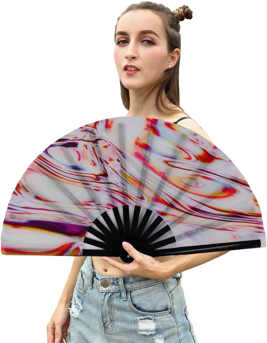 Amajiji Abanico plegable grande para mujeres y hombres, ventilador de mano plegable de bambú japonés y tela de nailon, ventilador de mano,
