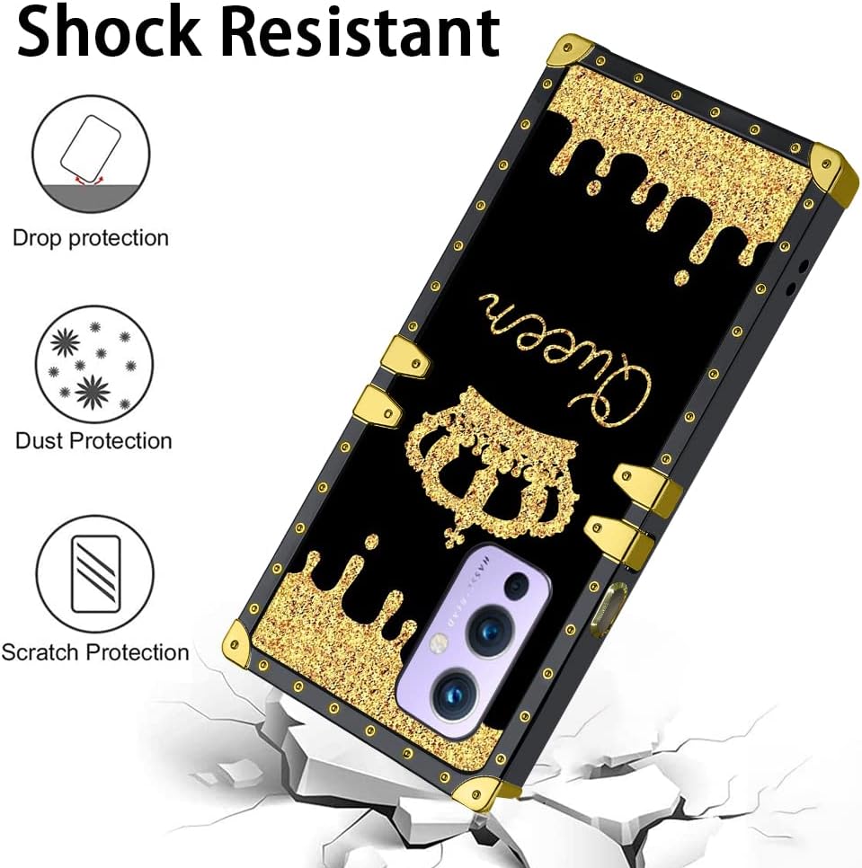 LSL Compatible con OnePlus 9 5G Funda cuadrada para teléfono, Queen Golden Crown de lujo, revestimiento de poliuretano termoplástico de lujo, a