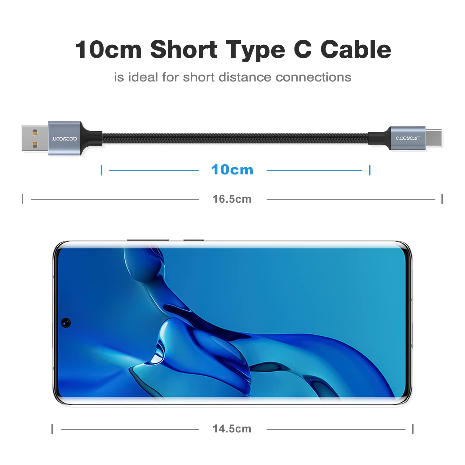 aceyoon Paquete de 3, cable USB C de 0.3 pies trenzado 3A de carga rápida, cable de carga tipo C compatible con Galaxy S8 S9 S10 S20 S21, Samsung
