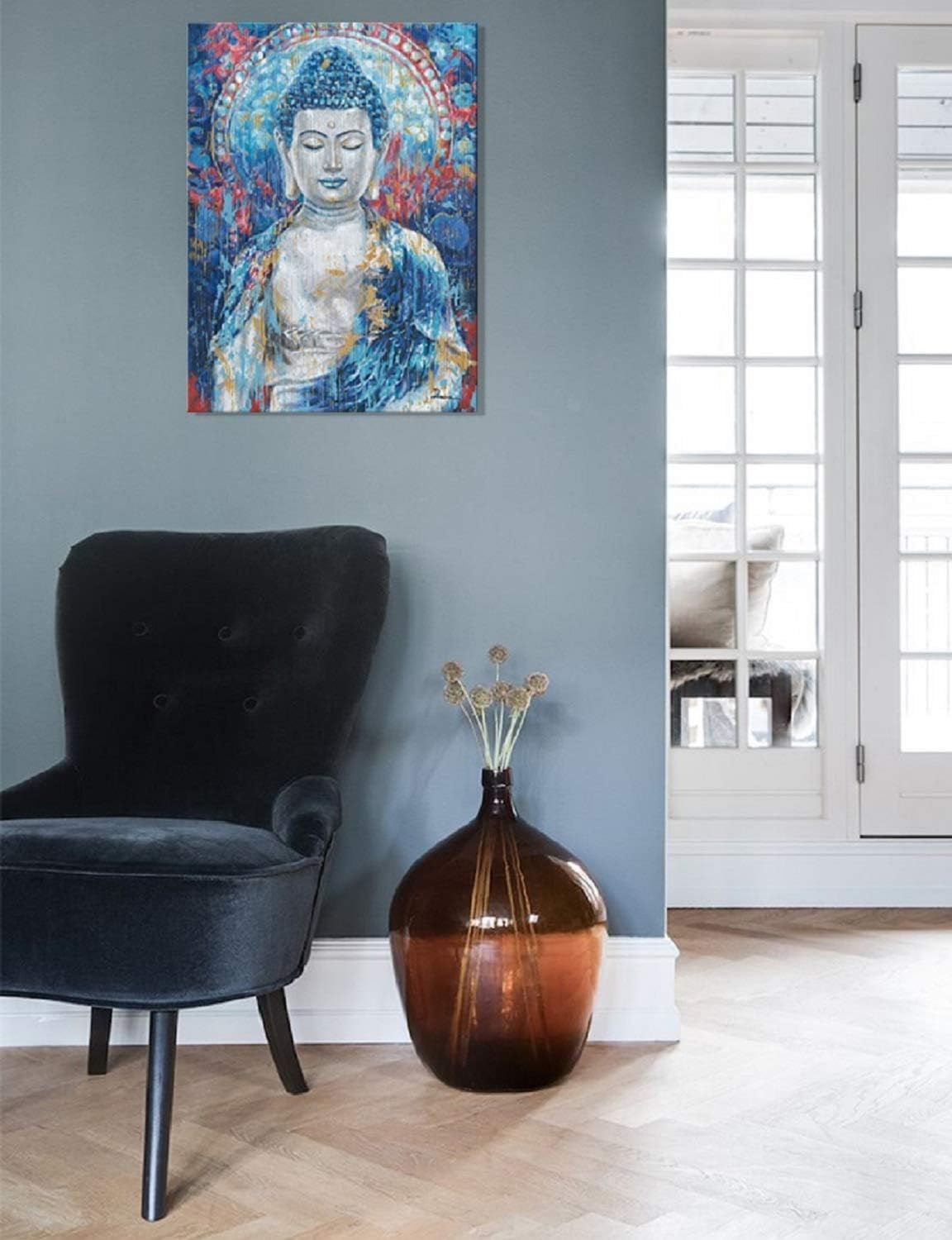 ATELIYISHU Lienzo artístico de Buda para pared de sala de estar, arte de pared de Buda zen, impresiones de Buda verde azulado sobre lienzo giclée,