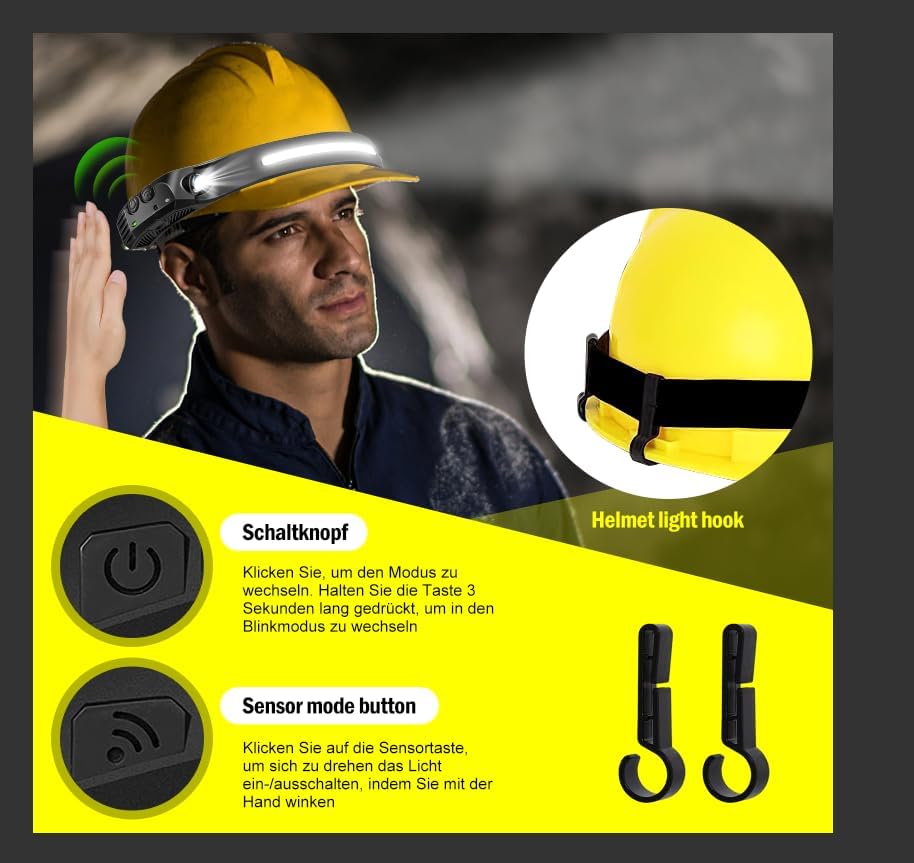 AURUZA 2 linternas de faros delanteros, faros LED recargables, 2 faros COB de 230  de ancho con sensor de movimiento, brillante, 5 modos, lámpara de